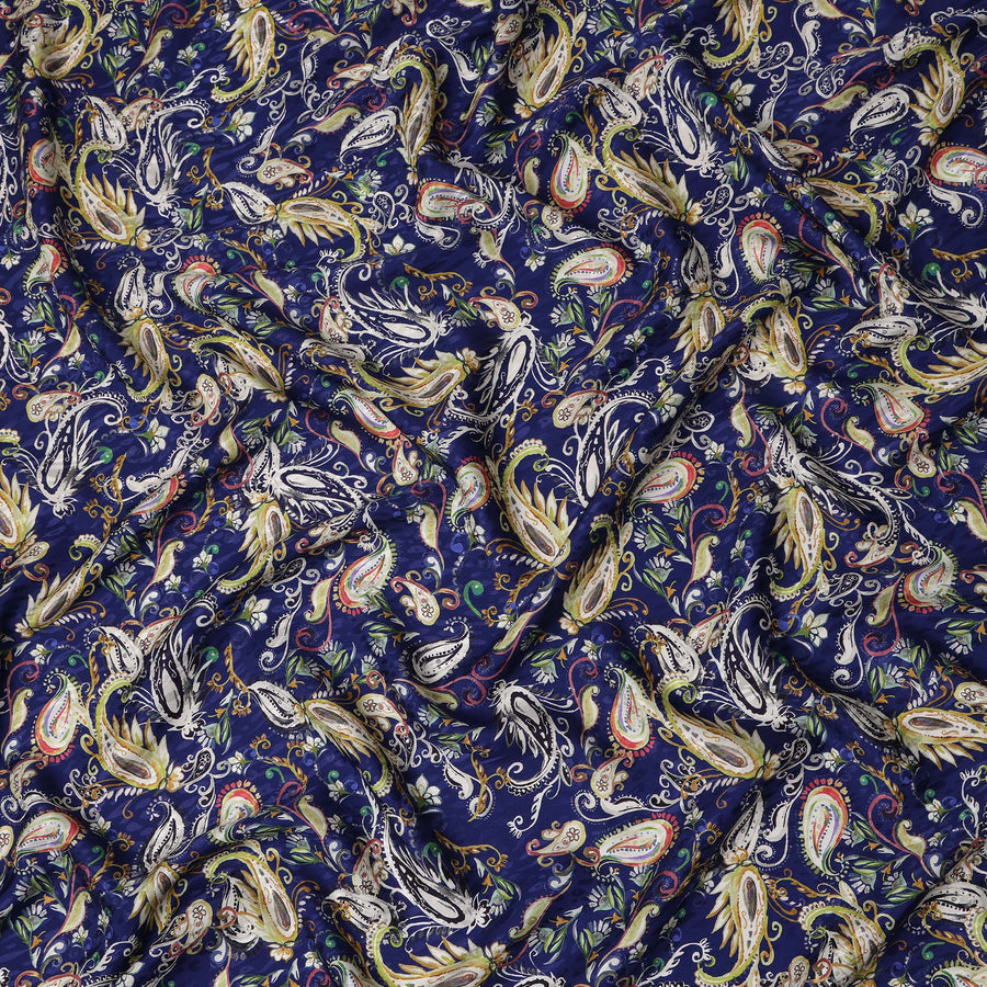 Royal Navy Blue Paisley Silk Satin Fabric 110cm