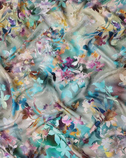 Watercolor Grey Multicolor Floral Silk Satin Fabric 110cm