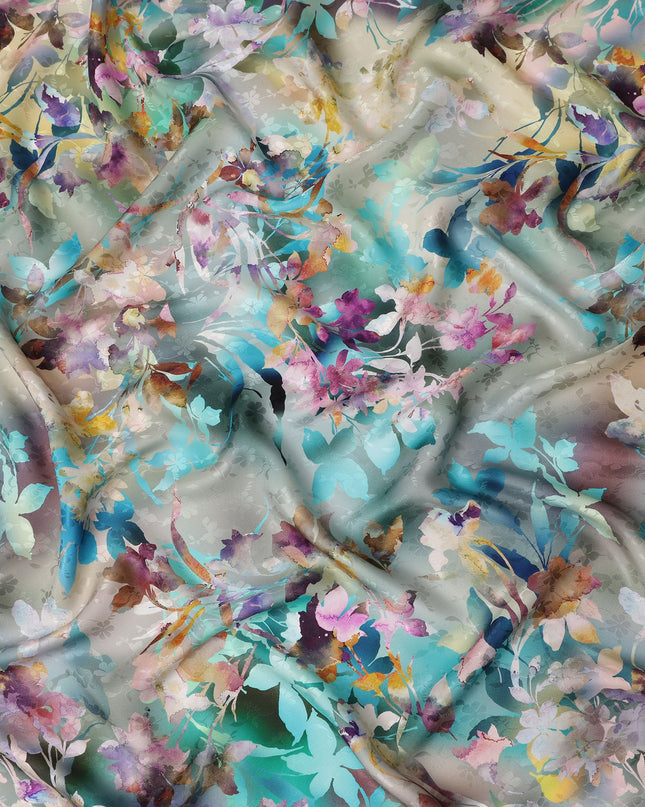 Watercolor Grey Multicolor Floral Silk Satin Fabric 110cm