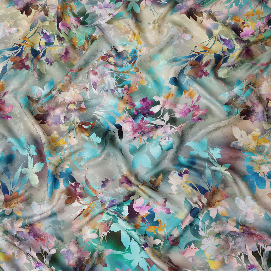 Watercolor Grey Multicolor Floral Silk Satin Fabric 110cm