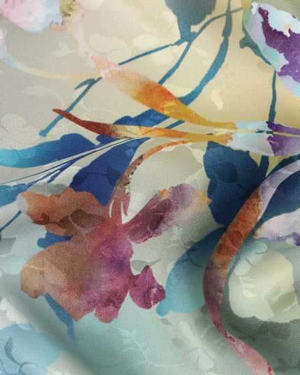 Watercolor Grey Multicolor Floral Silk Satin Fabric 110cm