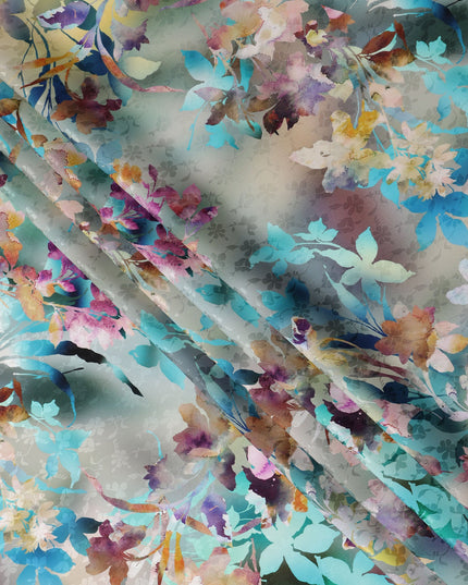 Watercolor Grey Multicolor Floral Silk Satin Fabric 110cm