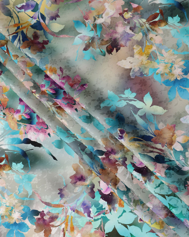 Watercolor Grey Multicolor Floral Silk Satin Fabric 110cm
