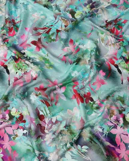 Teal Turquoise Green Floral Silk Satin Fabric 110cm