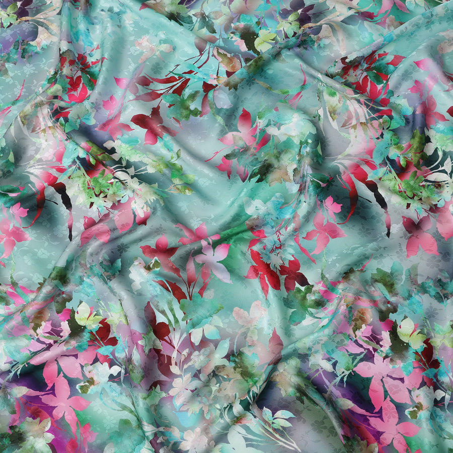 Teal Turquoise Green Floral Silk Satin Fabric 110cm