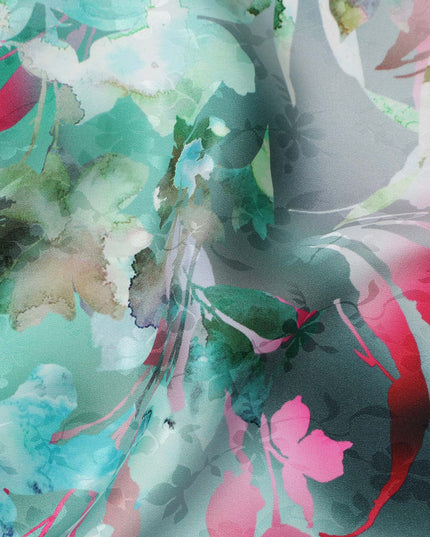 Teal Turquoise Green Floral Silk Satin Fabric 110cm