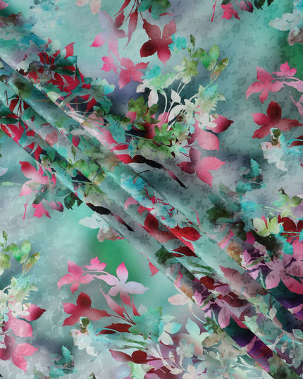 Teal Turquoise Green Floral Silk Satin Fabric 110cm