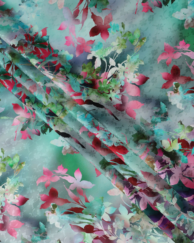 Teal Turquoise Green Floral Silk Satin Fabric 110cm