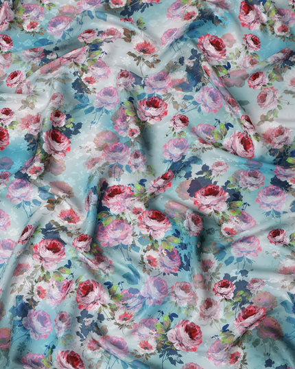 Light Aqua Blue Floral Silk Satin Fabric 110cm