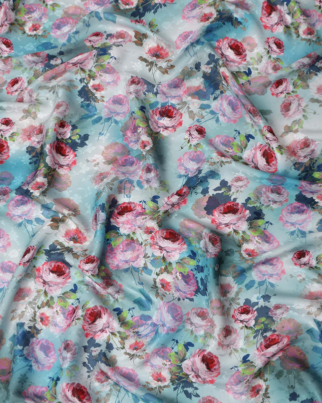 Light Aqua Blue Floral Silk Satin Fabric 110cm