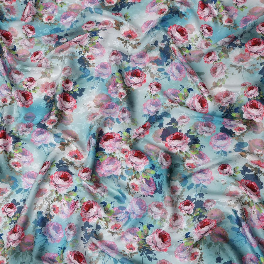 Light Aqua Blue Floral Silk Satin Fabric 110cm