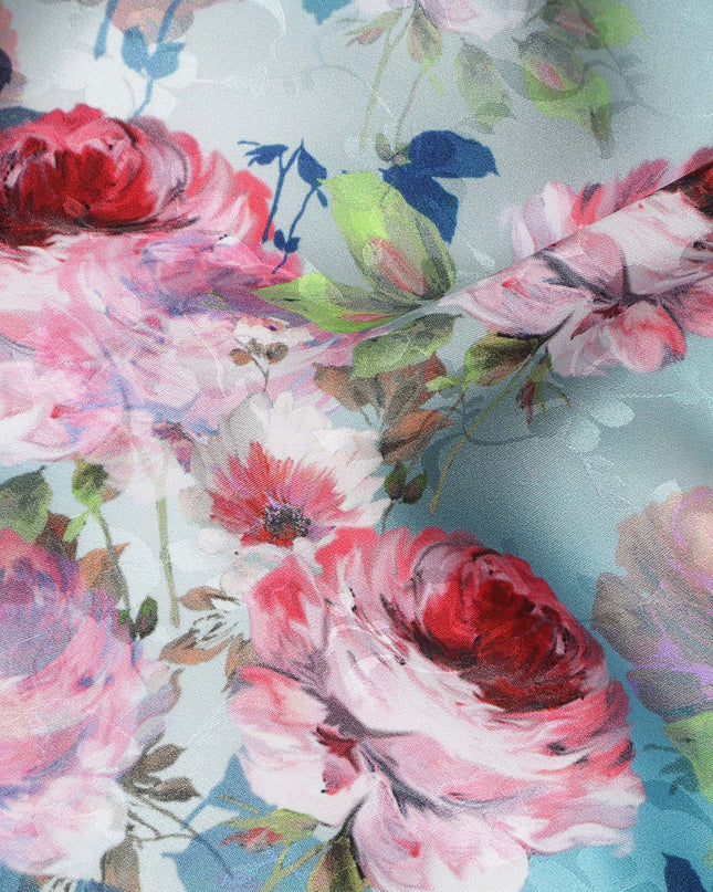 Light Aqua Blue Floral Silk Satin Fabric 110cm