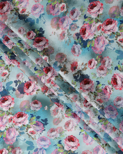 Light Aqua Blue Floral Silk Satin Fabric 110cm