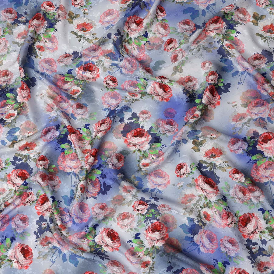 Periwinkle Lavender Blue Floral Silk Satin Fabric 110cm