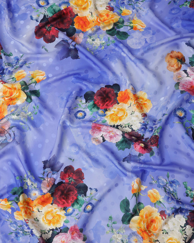 Periwinkle Blue Floral Silk Satin Fabric 110cm