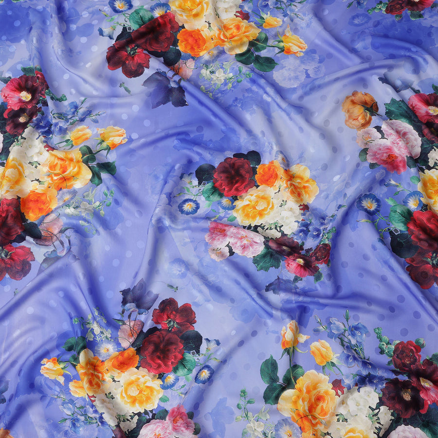 Periwinkle Blue Floral Silk Satin Fabric 110cm