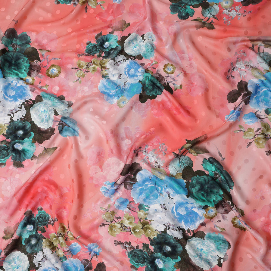 Coral Salmon Pink Floral Silk Satin Fabric 140cm
