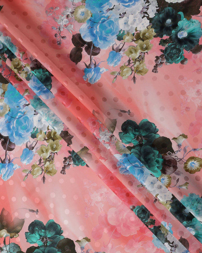 Coral Salmon Pink Floral Silk Satin Fabric 140cm