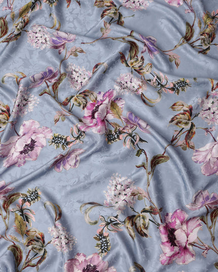 Dusty Blue Grey Floral Silk Satin Fabric 140cm
