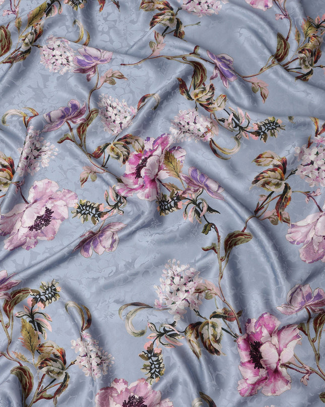 Dusty Blue Grey Floral Silk Satin Fabric 140cm