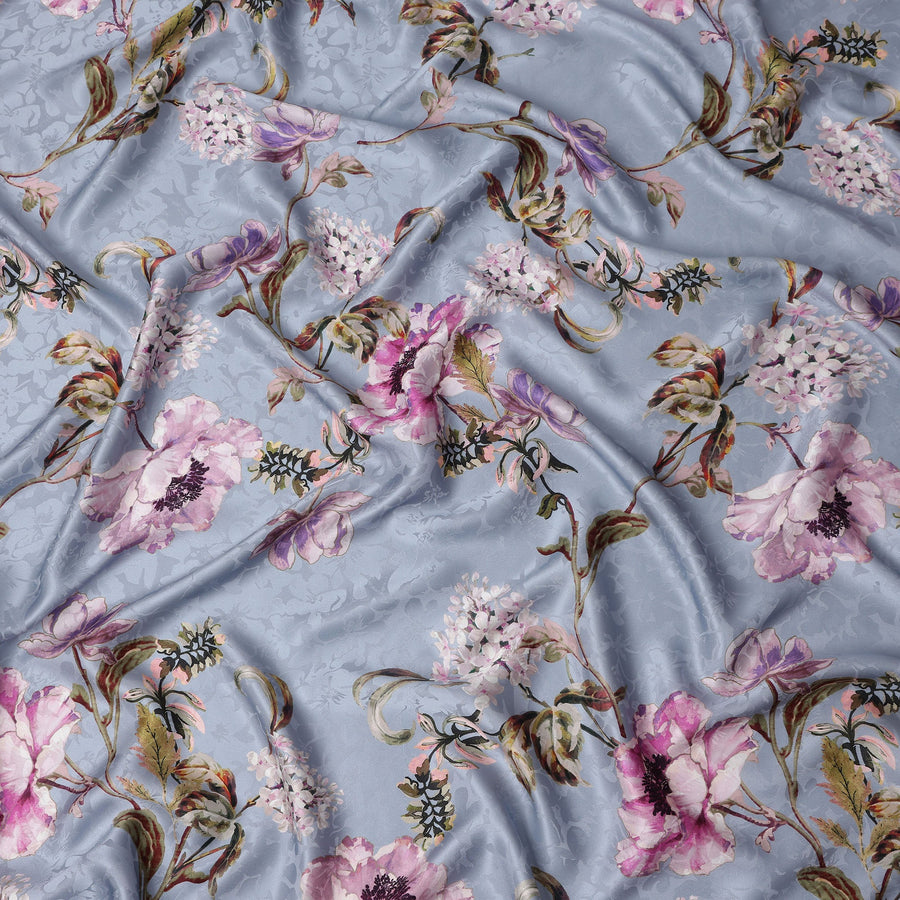 Dusty Blue Grey Floral Silk Satin Fabric 140cm