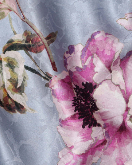 Dusty Blue Grey Floral Silk Satin Fabric 140cm