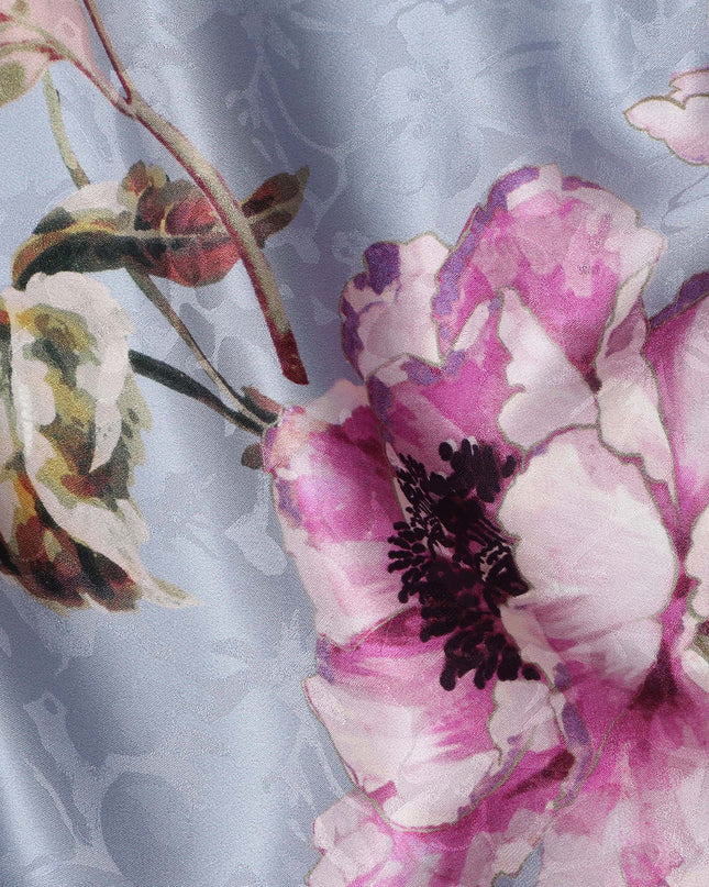 Dusty Blue Grey Floral Silk Satin Fabric 140cm