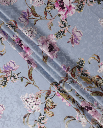 Dusty Blue Grey Floral Silk Satin Fabric 140cm
