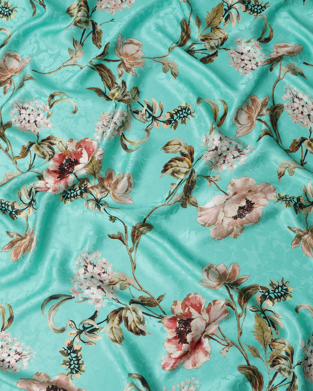 Turquoise Teal Green Floral Silk Satin Fabric 140cm