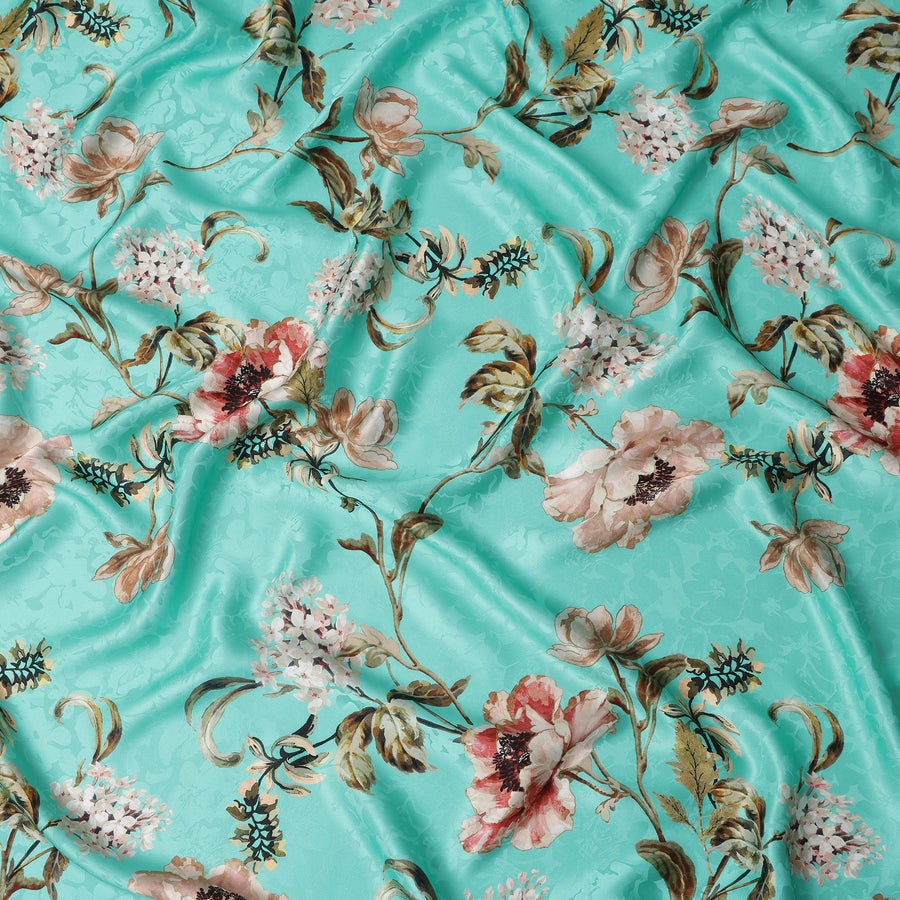 Turquoise Teal Green Floral Silk Satin Fabric 140cm