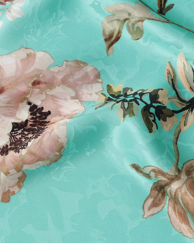 Turquoise Teal Green Floral Silk Satin Fabric 140cm