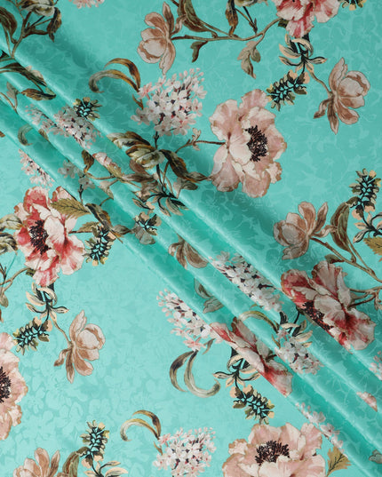 Turquoise Teal Green Floral Silk Satin Fabric 140cm