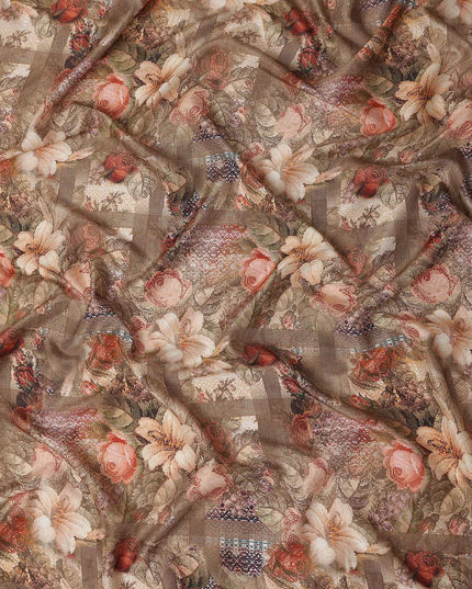 Taupe Brown Bouquet Floral Viscose Fabric 110cm