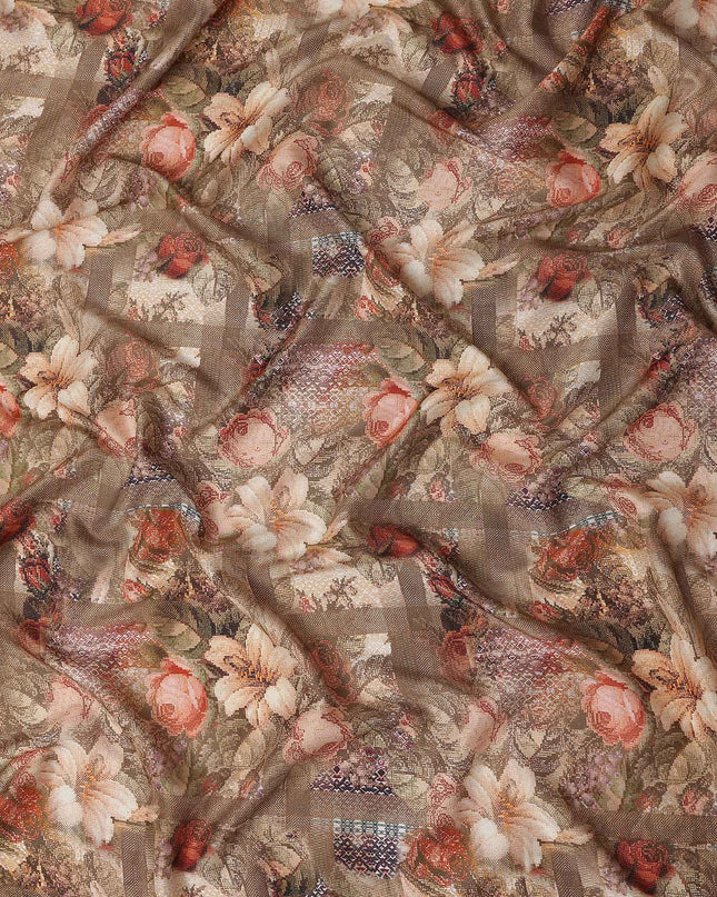 Taupe Brown Bouquet Floral Viscose Fabric 110cm