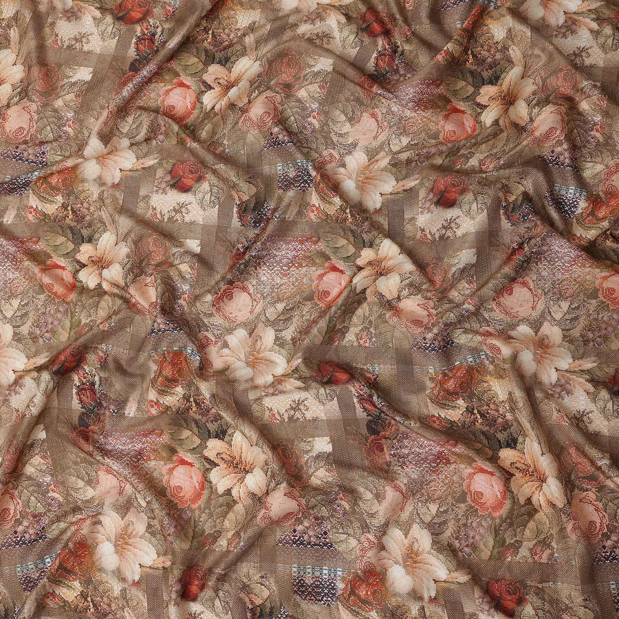 Taupe Brown Bouquet Floral Viscose Fabric 110cm