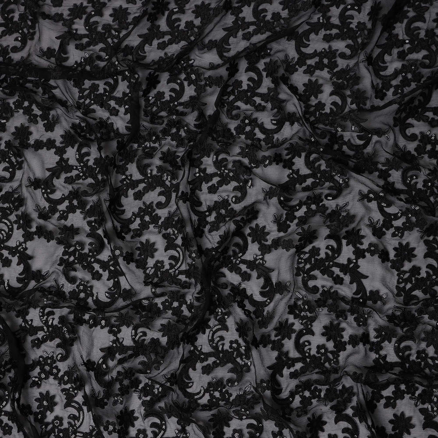 Black Self Pure Silk Chiffon Fabric 110cm