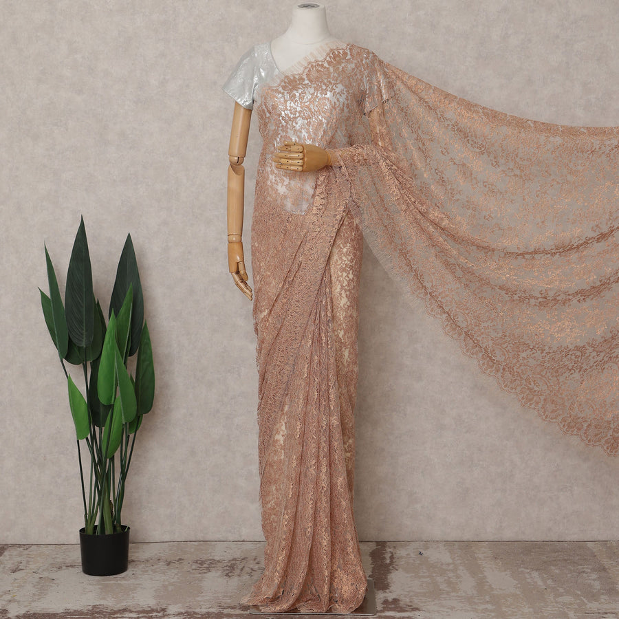 Dusty Peach Rose Gold Chantilly Lace Saree - D31609