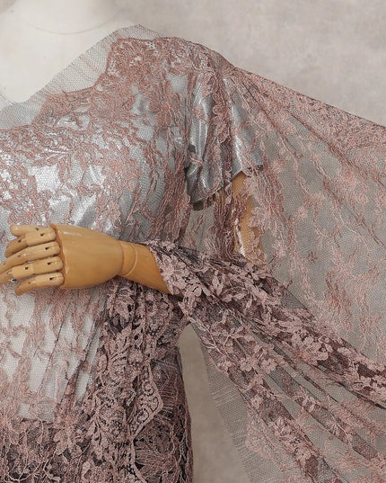 Dusty Rose Taupe French Chantilly Lace Saree 5.5m
