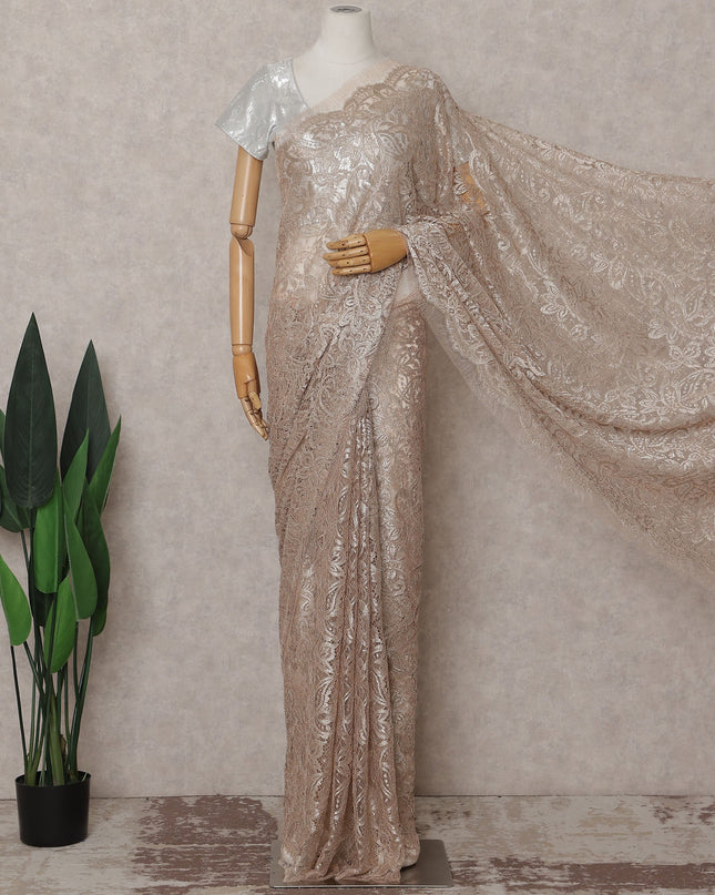 Warm Champagne Beige French Chantilly Lace Saree