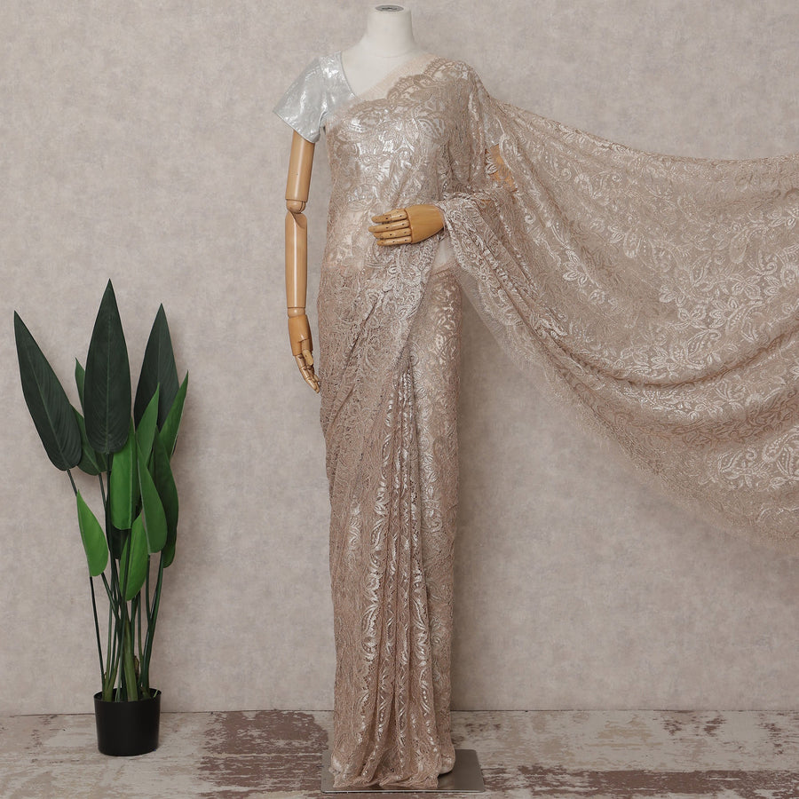 Warm Champagne Beige French Chantilly Lace Saree