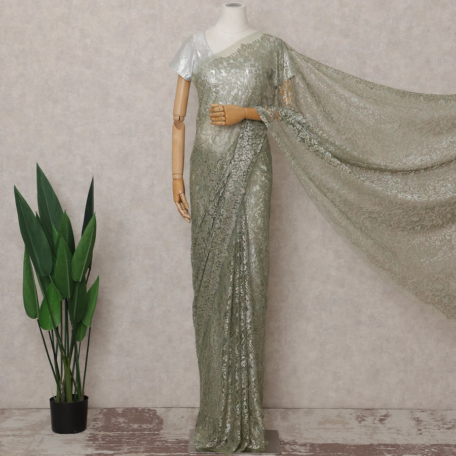 Moss Sage Green French Chantilly Lace Saree 5.5m