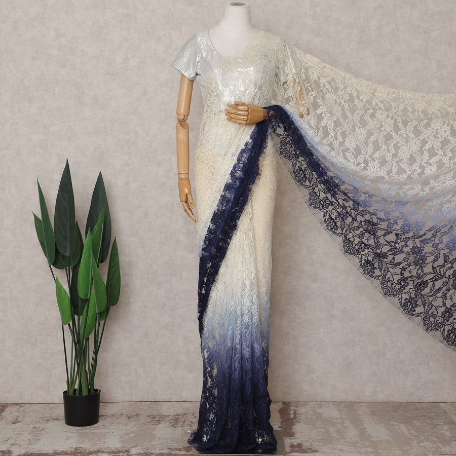 Ivory to Navy Blue Ombre Ombre Chantilly Saree - D31633