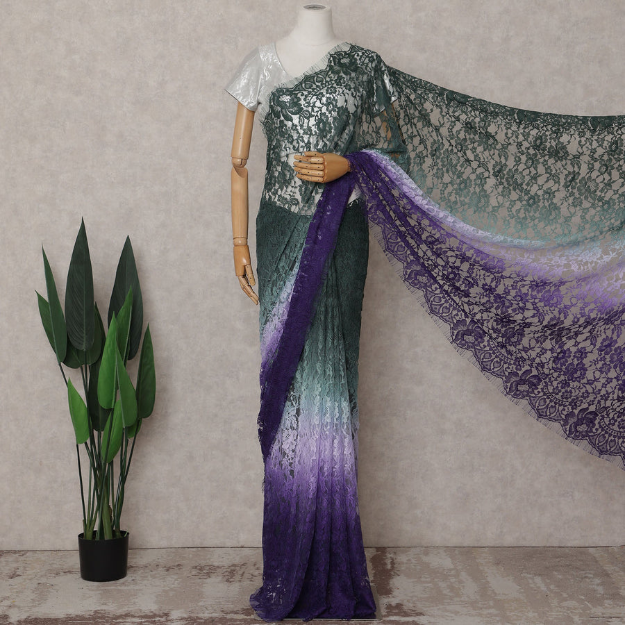Emerald Green to Violet Purple Ombre Ombre Chantilly Saree -