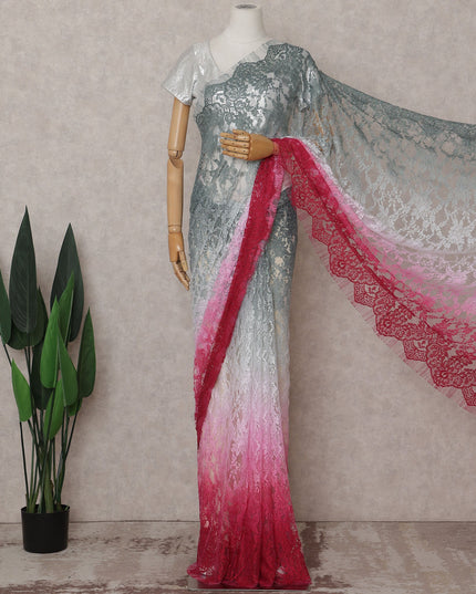 Silver Grey to Crimson Pink Ombre Ombre Chantilly Saree - D3