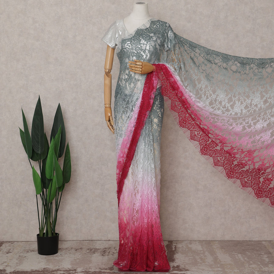 Silver Grey to Crimson Pink Ombre Ombre Chantilly Saree - D3