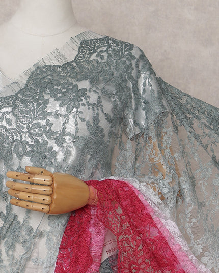 Silver Grey to Crimson Pink Ombre Ombre Chantilly Saree - D3