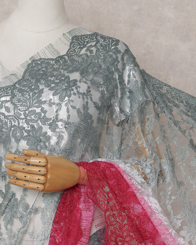 Silver Grey to Crimson Pink Ombre Ombre Chantilly Saree - D3