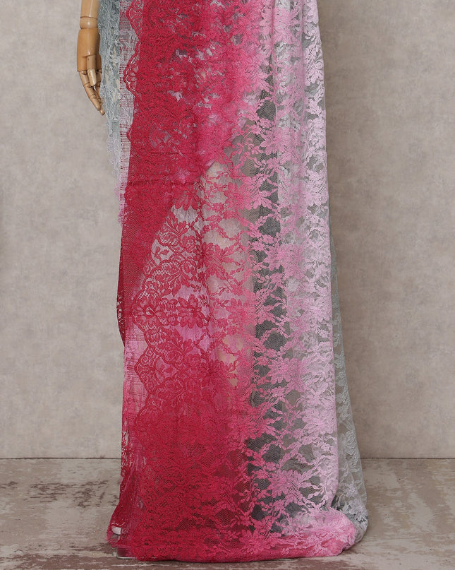 Silver Grey to Crimson Pink Ombre Ombre Chantilly Saree - D3