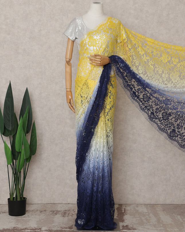 Yellow to Navy Blue Ombre Ombre Chantilly Saree - D31638