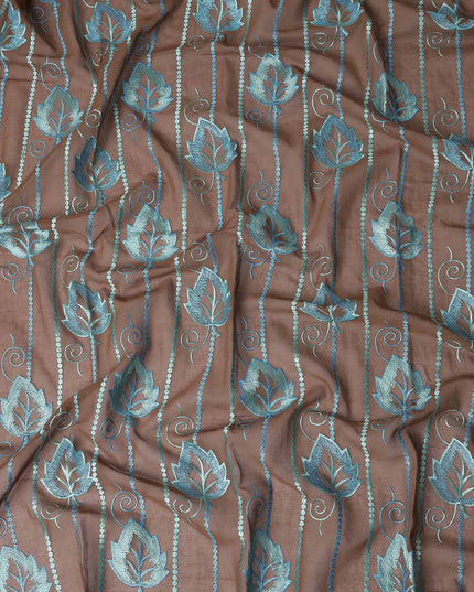 Brown Teal Leaf Embroidery Voile Thobe 4.5m